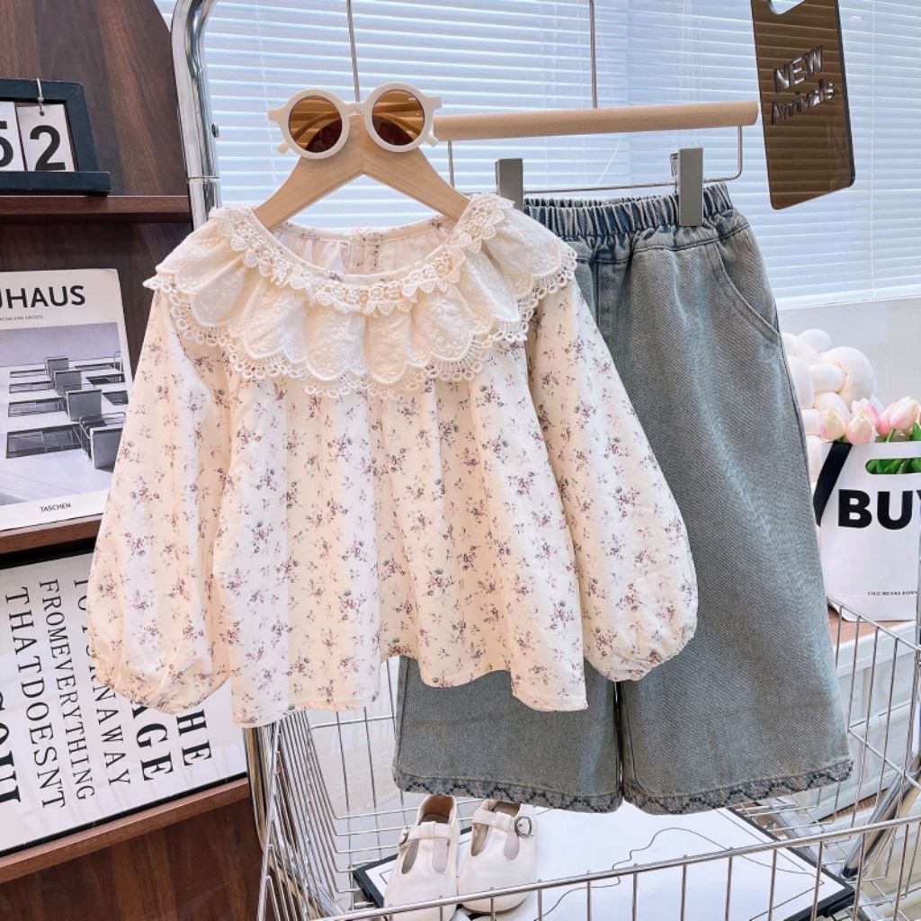 Set Jeans Print Bunga Cream Ancore Lala/ Set Jeans Anak Perempuan 5-9 Tahun/Set Anak Perempuan Korea