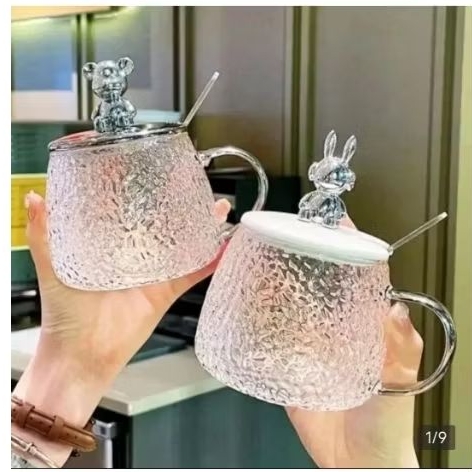 Gelas Mug Kaca 350ml Tutup Beruang / Gelas susu / Gelas Kopi / Gelas Teh Kaca