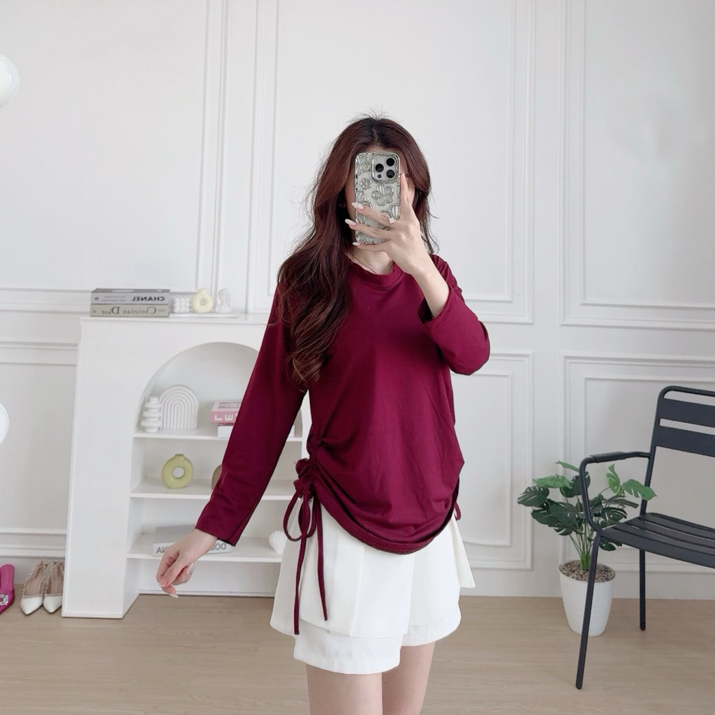 Atasan Tali Serut Lengan Panjang  | Atasan Wanita Tali Serut | Kaos Wanita Serut Samping