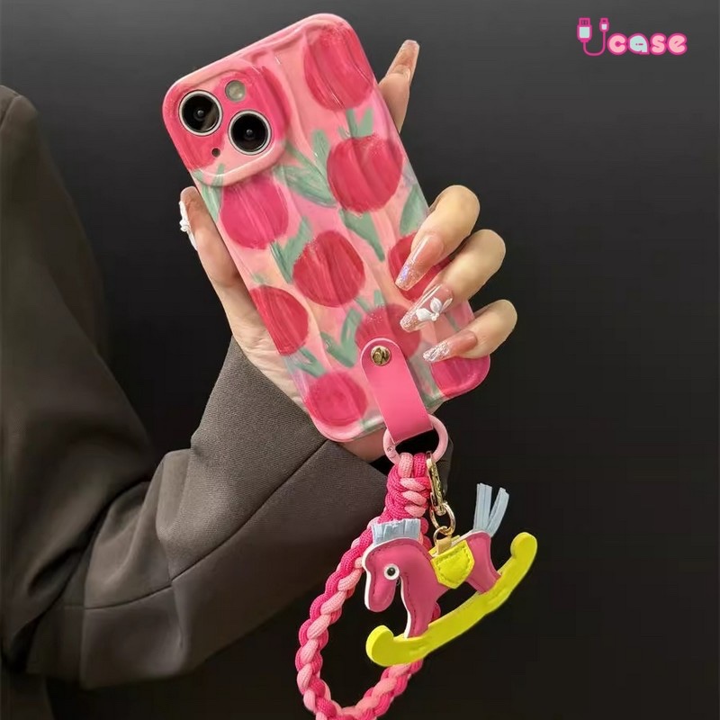 UCase | Tulip Flower Case for Iphone 16 15 14 13 12 11 with Pink Chain Horse | Case Pink Full Cover 