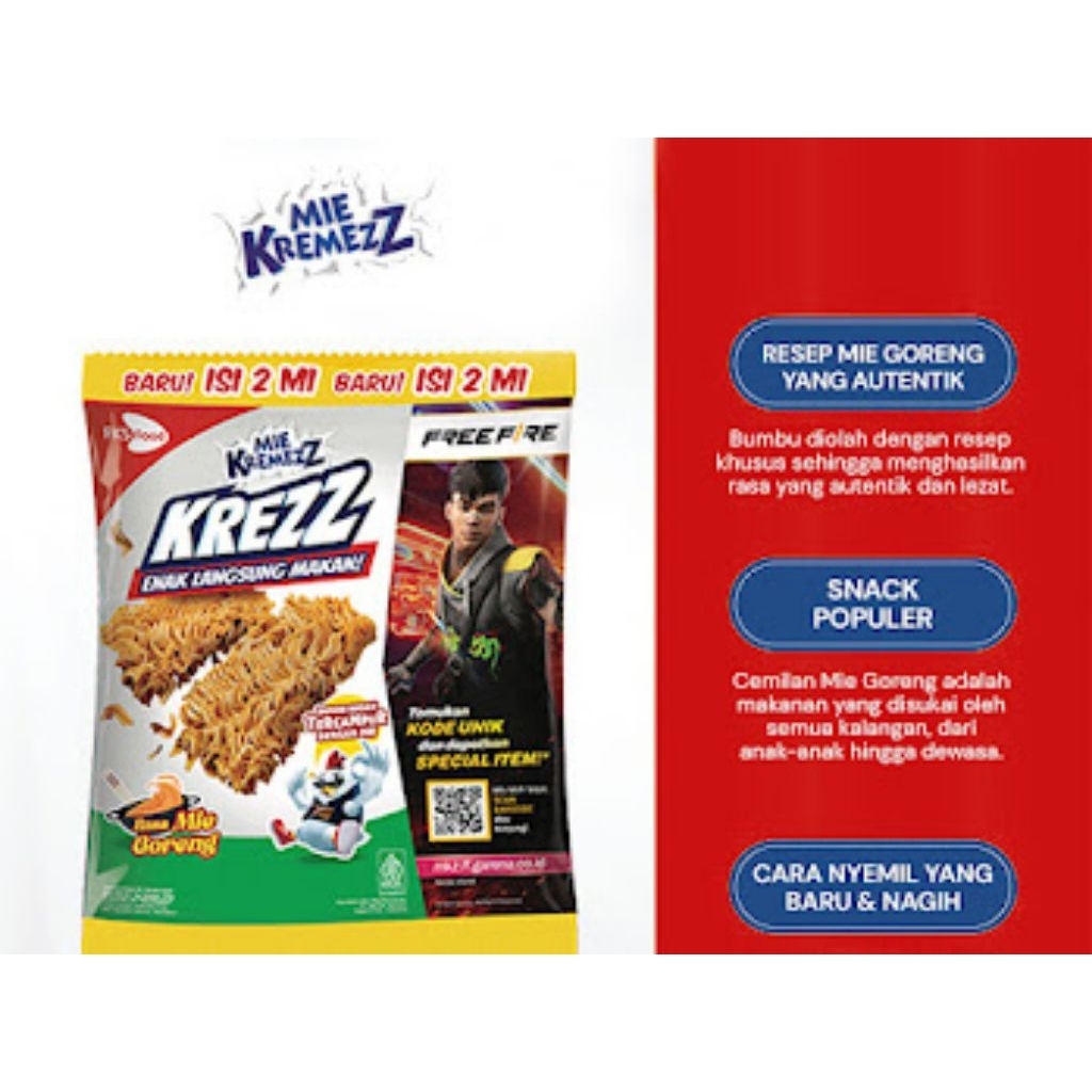 

Mie Kremezz Krezz - Mie Goreng - 1 karton (6 renceng) - 11pcs - 30gr