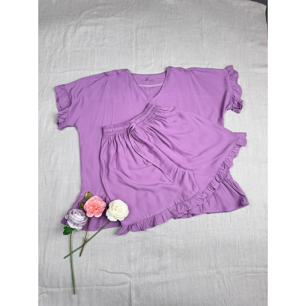Setelan Baju Tidur Wanita Atas Bawah Pendek Ruffle Piyama Rayon Dewasa