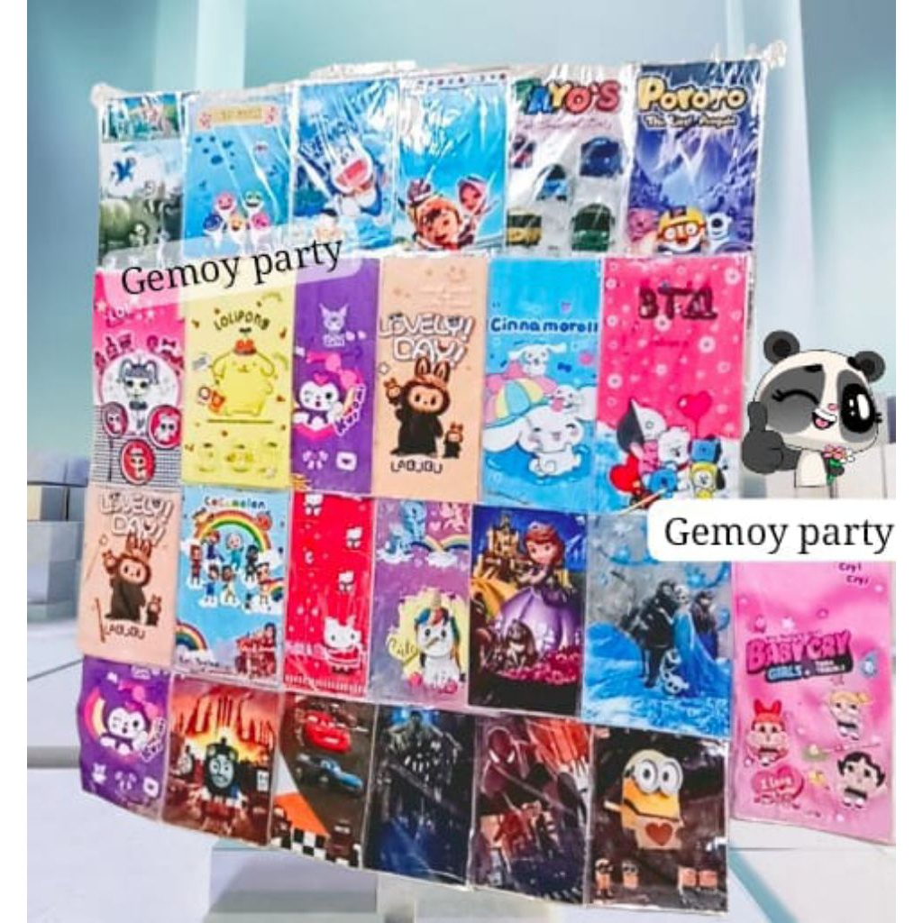 

Plastik Party bag Ulang Tahun Labubu Kuromi Cinnamorol Stitch Baby shark Doraemon Tayo Cars Thomas Banyak Karakter Varian Ukr 15x38 22x40 28x45 Isi 10Pcs