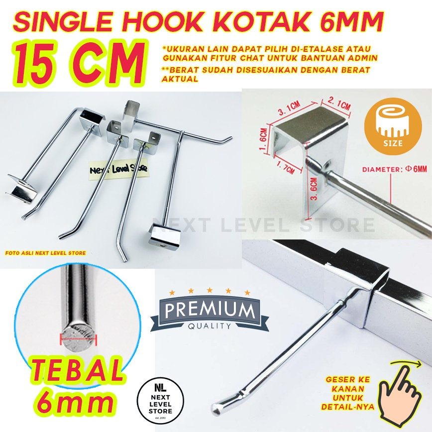 Cantolan Hook Pipa Kotak 15cm Tebal 6mm Besi Chrome Stainless Gantungan Rak Display Etalase Toko