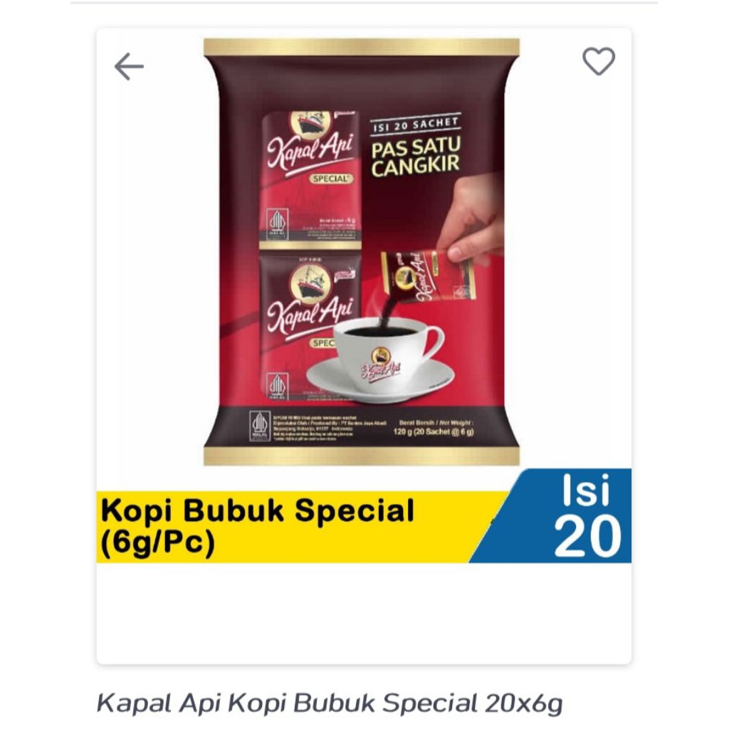 

KOPI KAPAL API SACHET ISI 20PCS BERAT ISI 6 GRAM/KOPI UKURAN KECIL/KOPI BUBUK KAPAL API