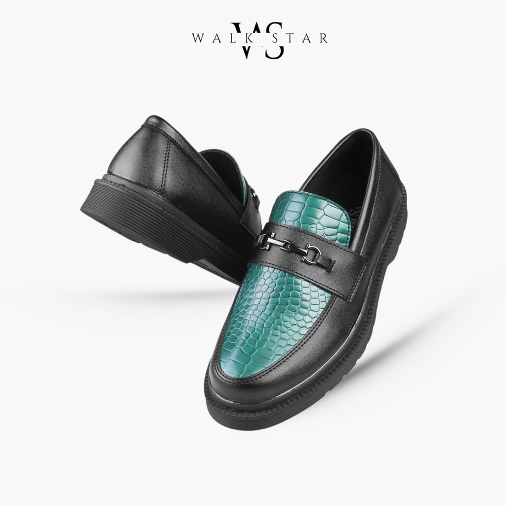 Sepatua Pria Slip On Bahan Kulit Sintetis Premium Motif Buaya Hijau Variasi Gesper