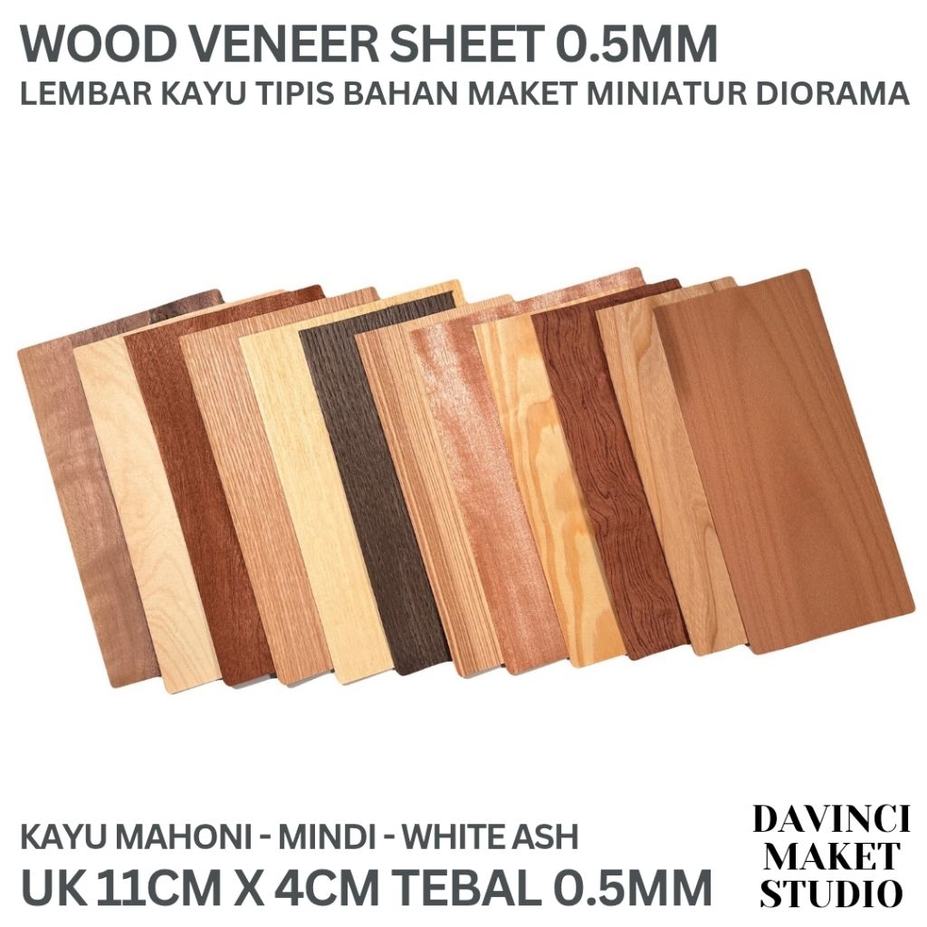 (11x4) Lembar Kecil Kayu Halus Mahoni Mindi White Ash Pinus Bahan Maket Diorama Finger Board Craft -