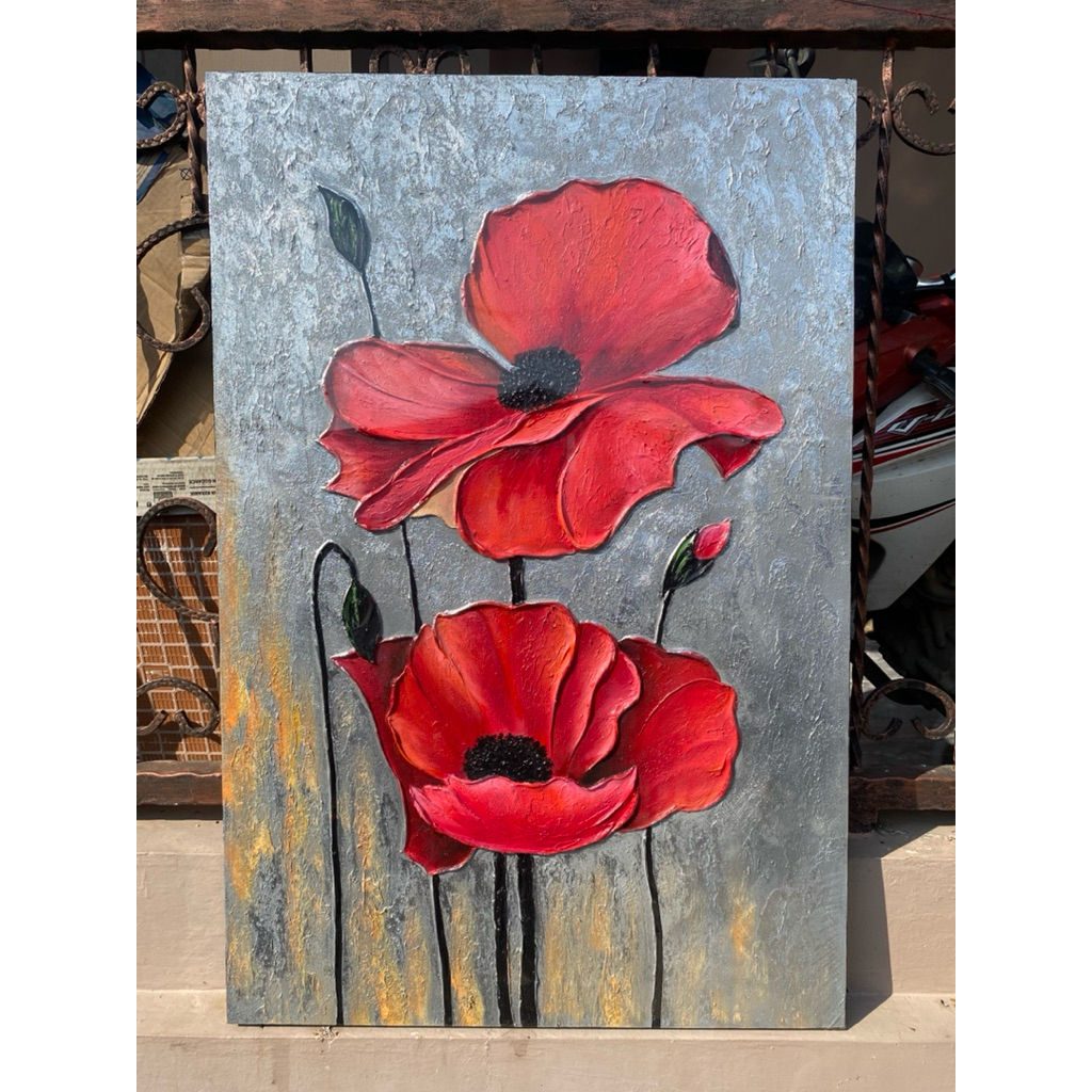 Lukisan bunga mawar merah tekstur timbul modern minimalis