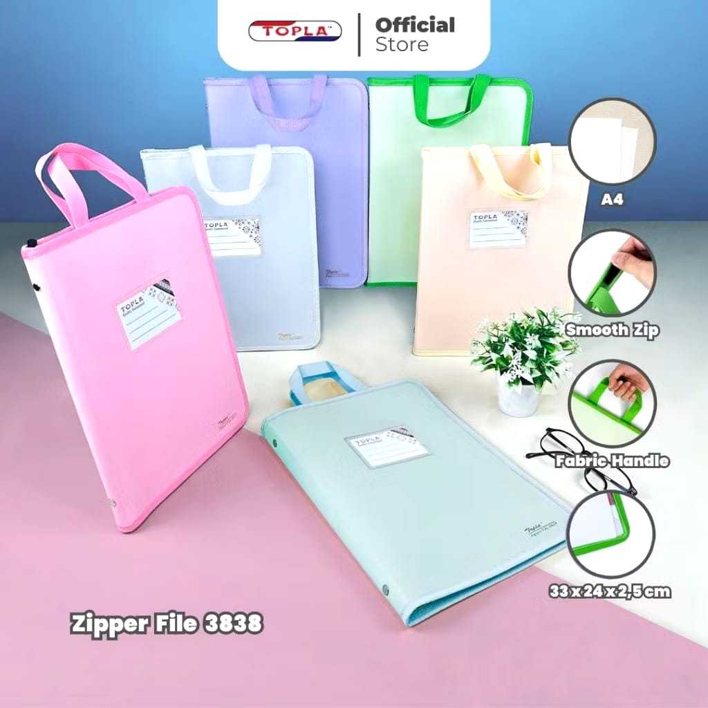 

(1 PCS) TOPLA ZIPPER BAG 3838T WARNA PASTEL MAP DOKUMEN A4 RESLETING MAP TENTENG ANTI AIR