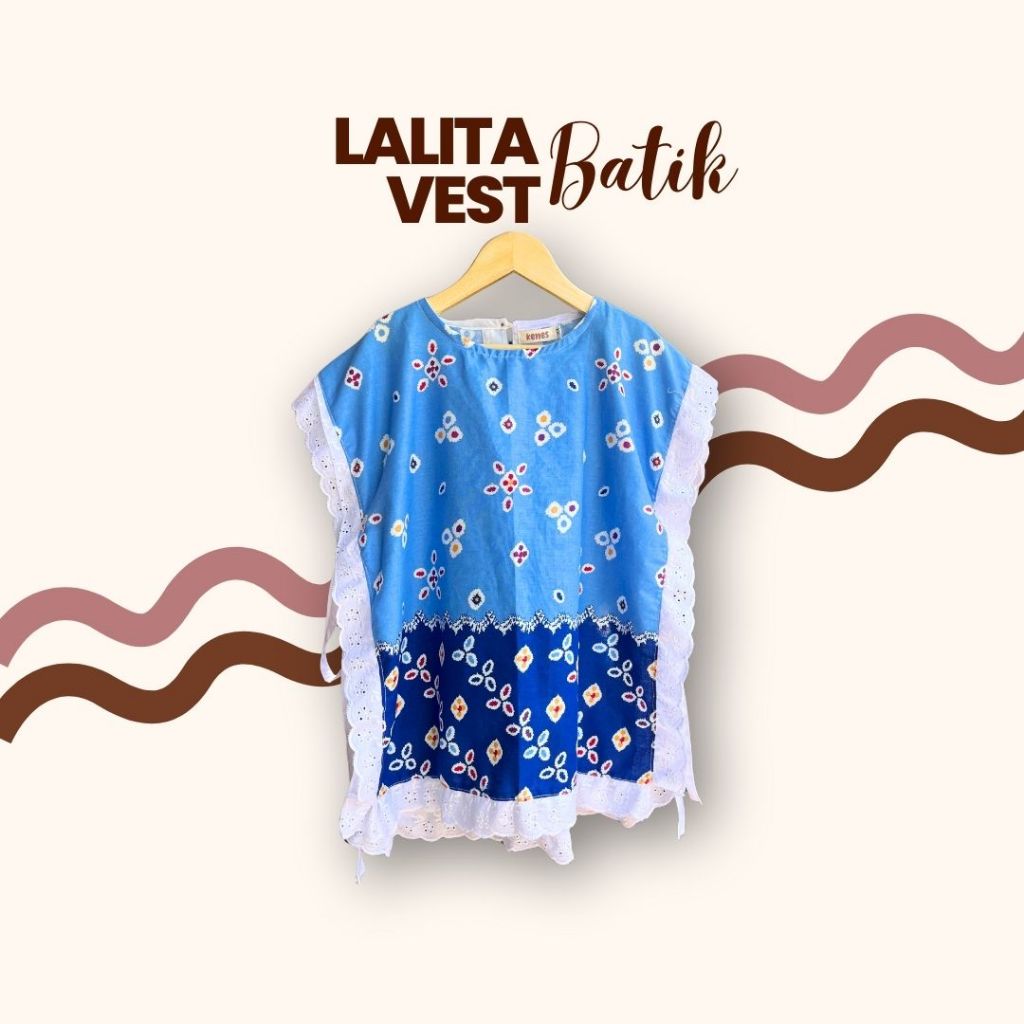 Lalita Batik Vest Renda Anak Perempuan Outer Katun Batik Jumput Biru by Kenes Kidswear