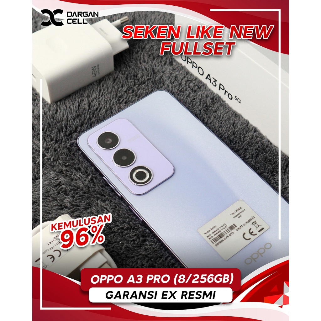 SEKEN LIKE NEW OPPO A3 PRO 5G 8/256GB FULLSET MULUS SECOND GARANSI EX RESMI. WARNA PURPLE