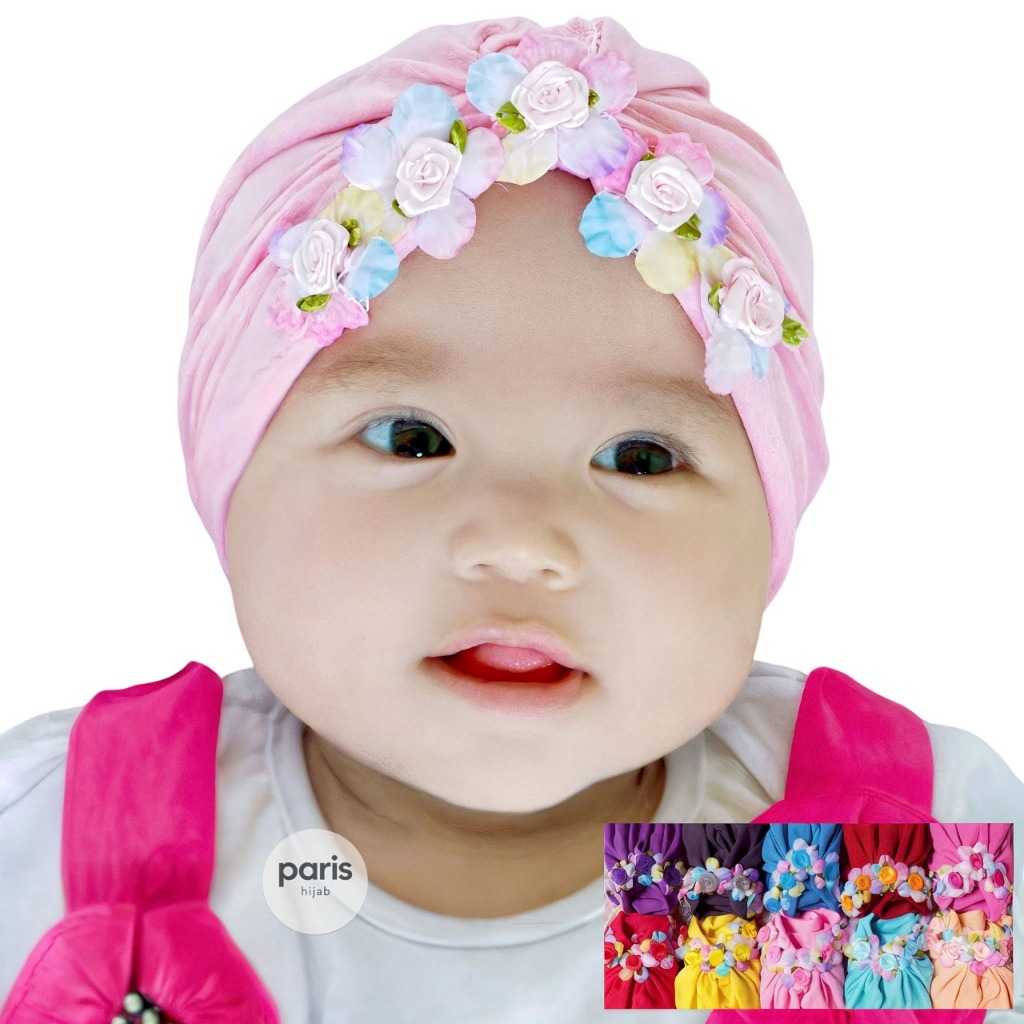 Turban bayi bunga mawar pelangi tengah aesthetic premium - headband ciput anak baby Perempuan Cewek