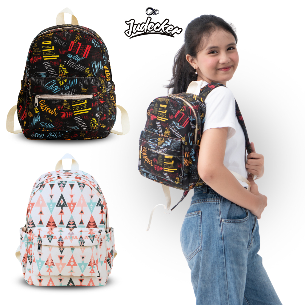 Judecker Tas Ransel Mini Wanita Motif Tulisan Hallo 006 Tas Punggung Perempuan Matif Bahan Kanvas Ce