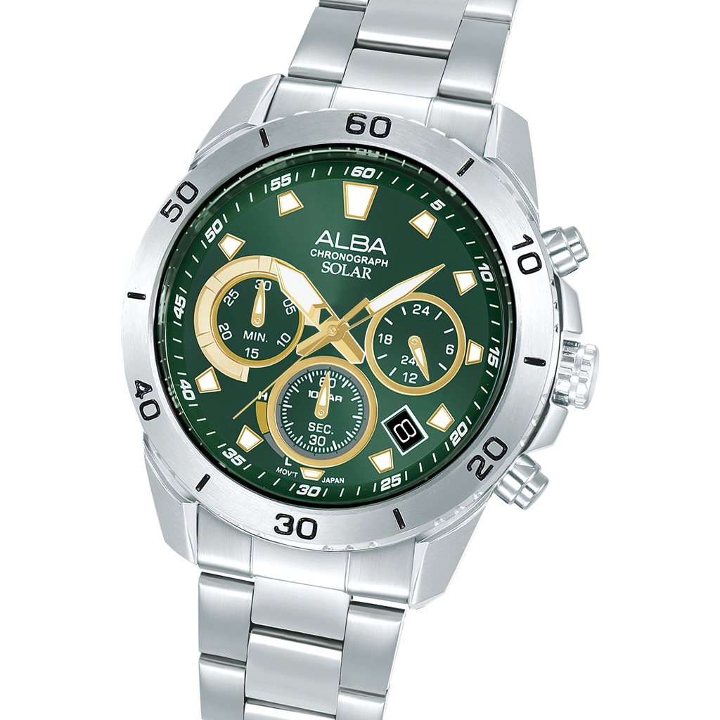 JAM TANGAN ANALOG PRIA ALBA AZ5011X1 / AZ5011 / AZ5011X SOLAR CHRONOGRAPH GREEN DIAL STAINLESS STEEL