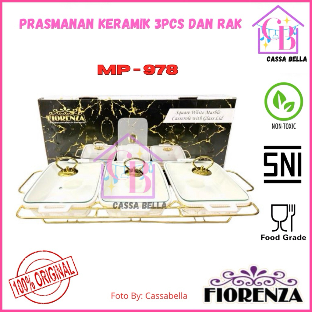 Prasmanan Set Segi Isi 3 + Tutup + Rak MP 978 GL / Prasmanan Keramik FIORENZA / FIORENZA Prasmanan S