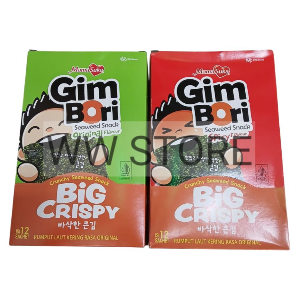 

Cemilan snek makanan ringan rumput laut kering rasa asli pedas halal MUI MamaSuka Mama Suka Gim Bori BIG CRISPY ORIGINAL SPICY flavour Crunchy Seaweed Snack 12 sachet x 3g