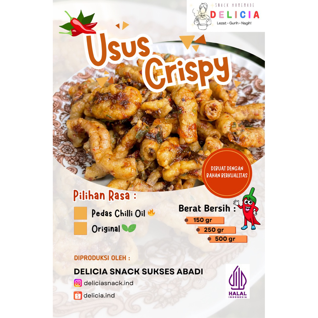 

Usus Crispy Pedas Chilli Oil & Original Daun Jeruk 500 g by Delicia Snack Cemilan Renyah Pedas Gurih