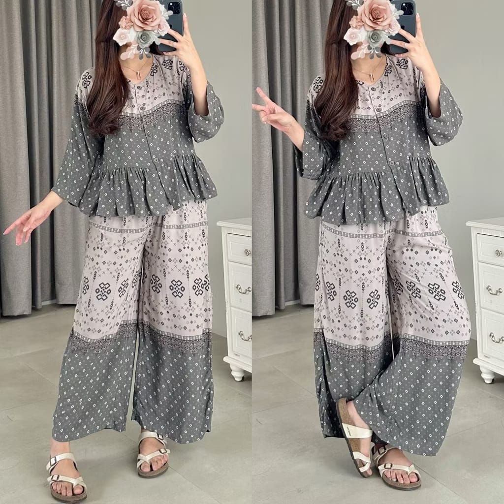 setelan rayon premium / setelan lengan balon / setelan wanita celana kulot / oneset kancing aktif te