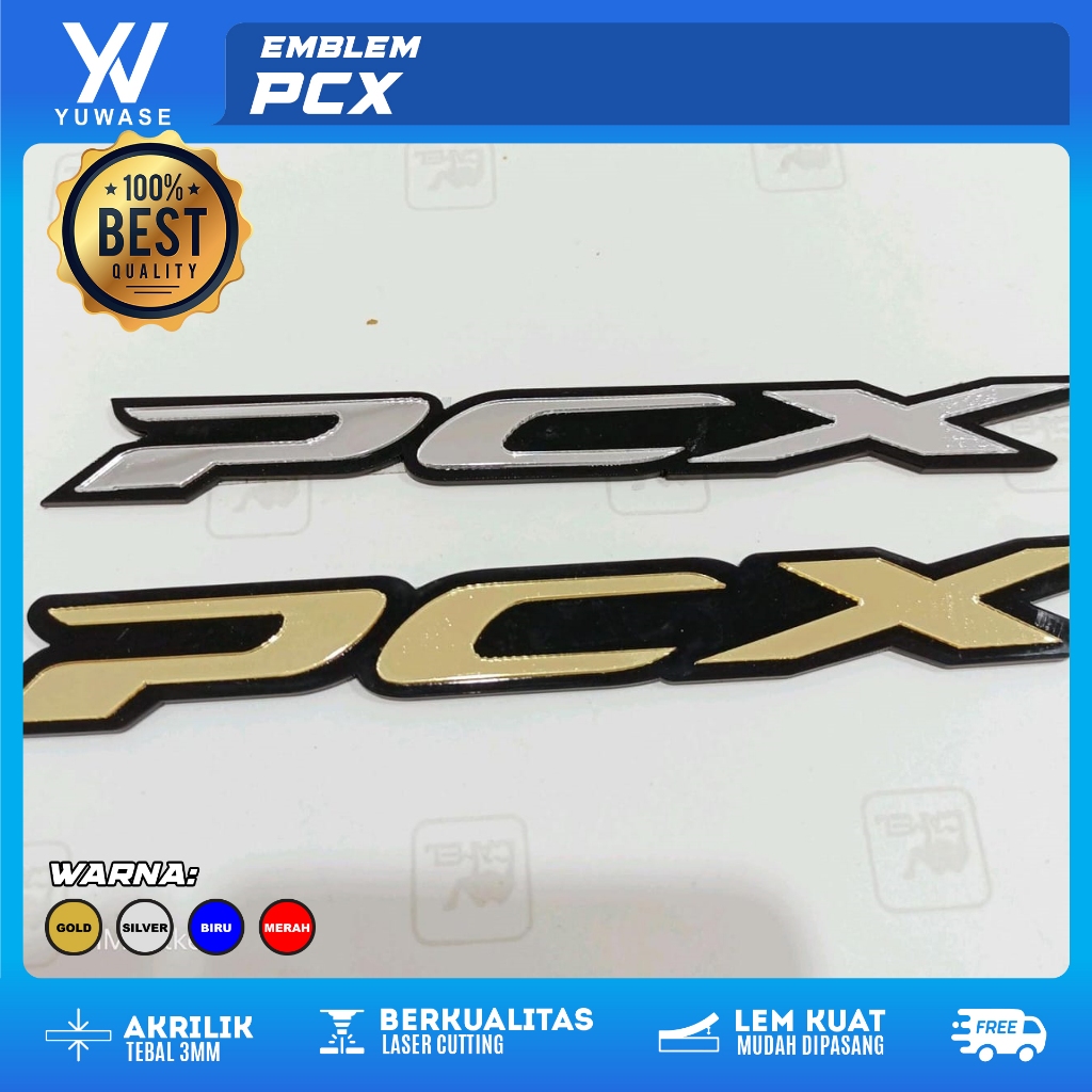 Emblem PCX Akrilik Variasi Motor – Merah Biru Gold Hologram Silver