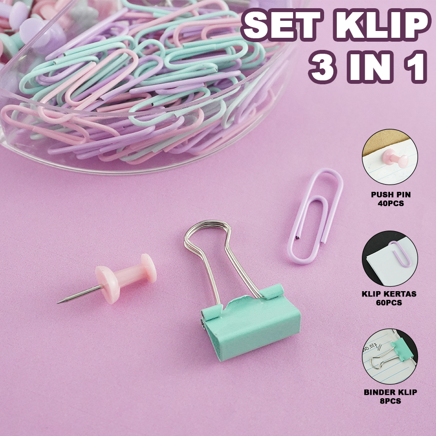 

Set Klip 3 in 1 Pastel Aesthetic Isi 108pcs Push Pin Paper Clip Binder Clip Kantor SekolahGj-070901