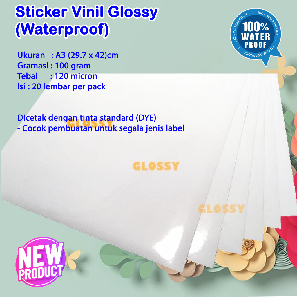 

Sticker Vinil Glossy A3 Waterproof Tahan Air