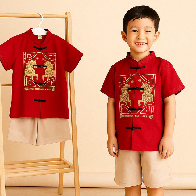 Setelan cheongsam / baju Imlek anak laki laki Shio kuda warna merah umur 1 - 8  tahun.