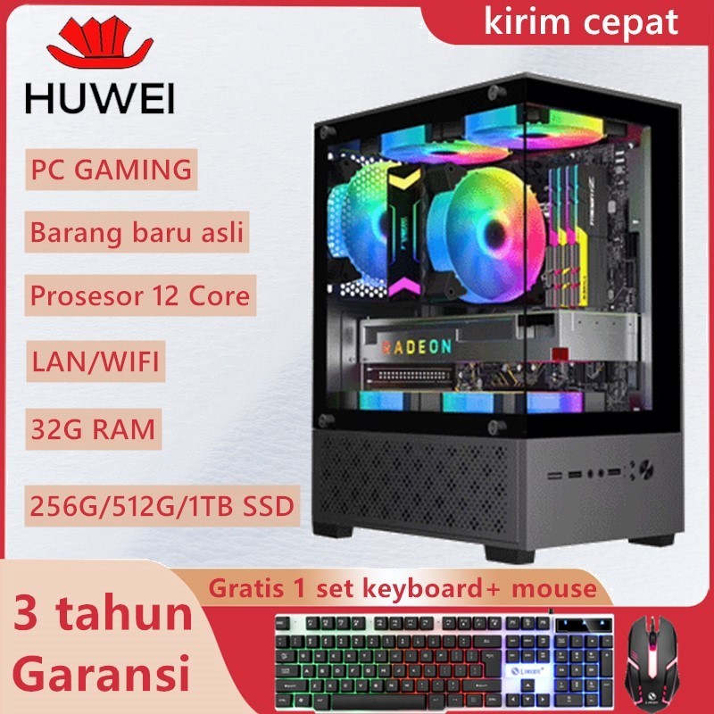 HUWEI Paket PC Gaming Full Set Baru + Monitor, Siap Main GTA V | Komputer Desktop Rumah Komputer Kan