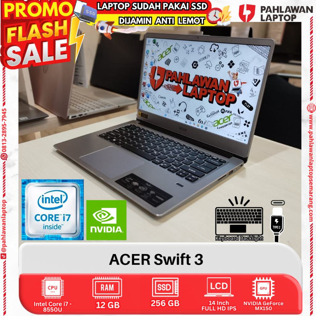 LAPTOP ACER SWIFT 3 Core i7 GEN 8 RAM 12GB SSD 256GB DUAL VGA