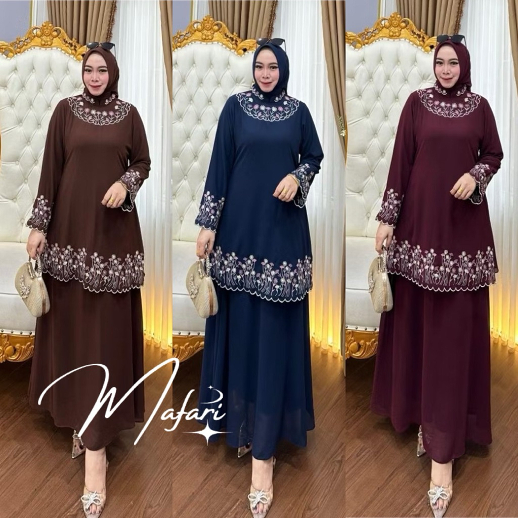 Mafari.ID - Setelan Rok Malay Set Hijab Motif Bordir Bahan Ceruty Babydoll