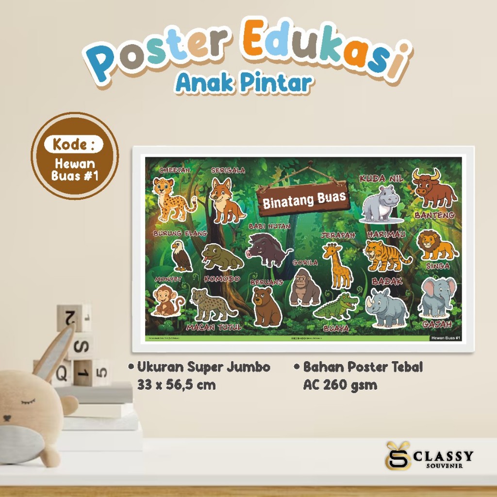 POSTER EDUKASI ANAK BERWARNA - [TEMA HEWAN BUAS] - POSTER EDUKASI BELAJAR READY STOCK