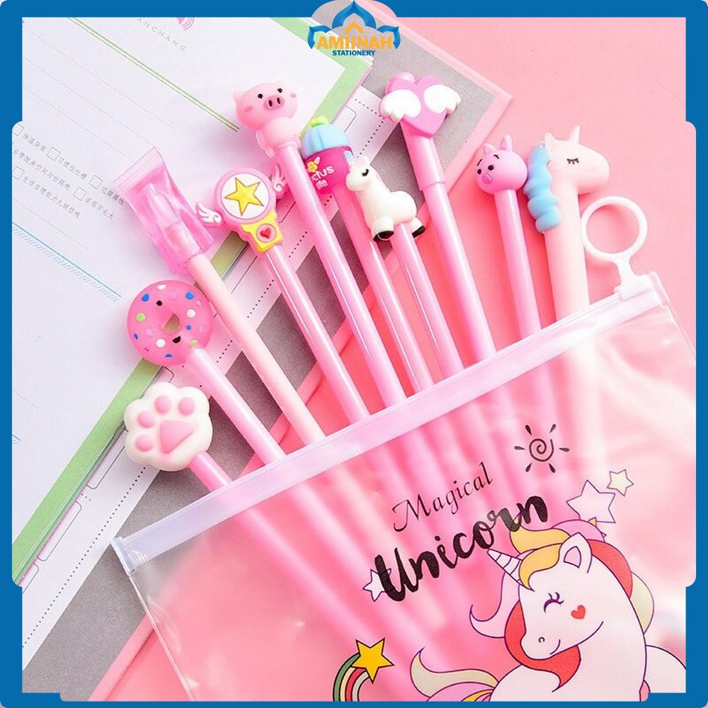 

Pena FREE Zipper Pouch Tempat Pensil Transparan Pulpen Gel Karakter Lucu Set Isi 20PCS Amiinah Stationery A15