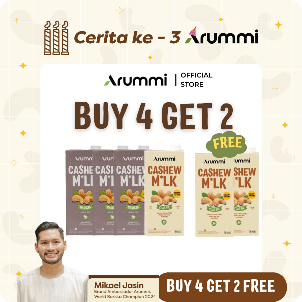 

(Buy 4 Get 2 Free) Arummi Cashew Milk - Mix Budnle Classic & Barista 1Liter - Susu Kacang Mede Lokal Dairy & Lactose Free