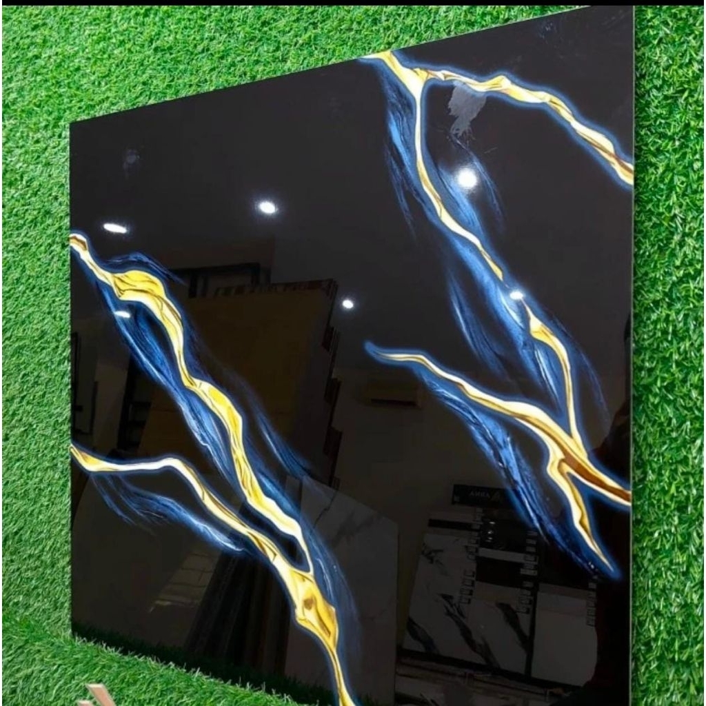 GRANIT 60X60 GLOSSY MOTIF HITAM MARMER | ARNA GAVRA BLUE LOCAL