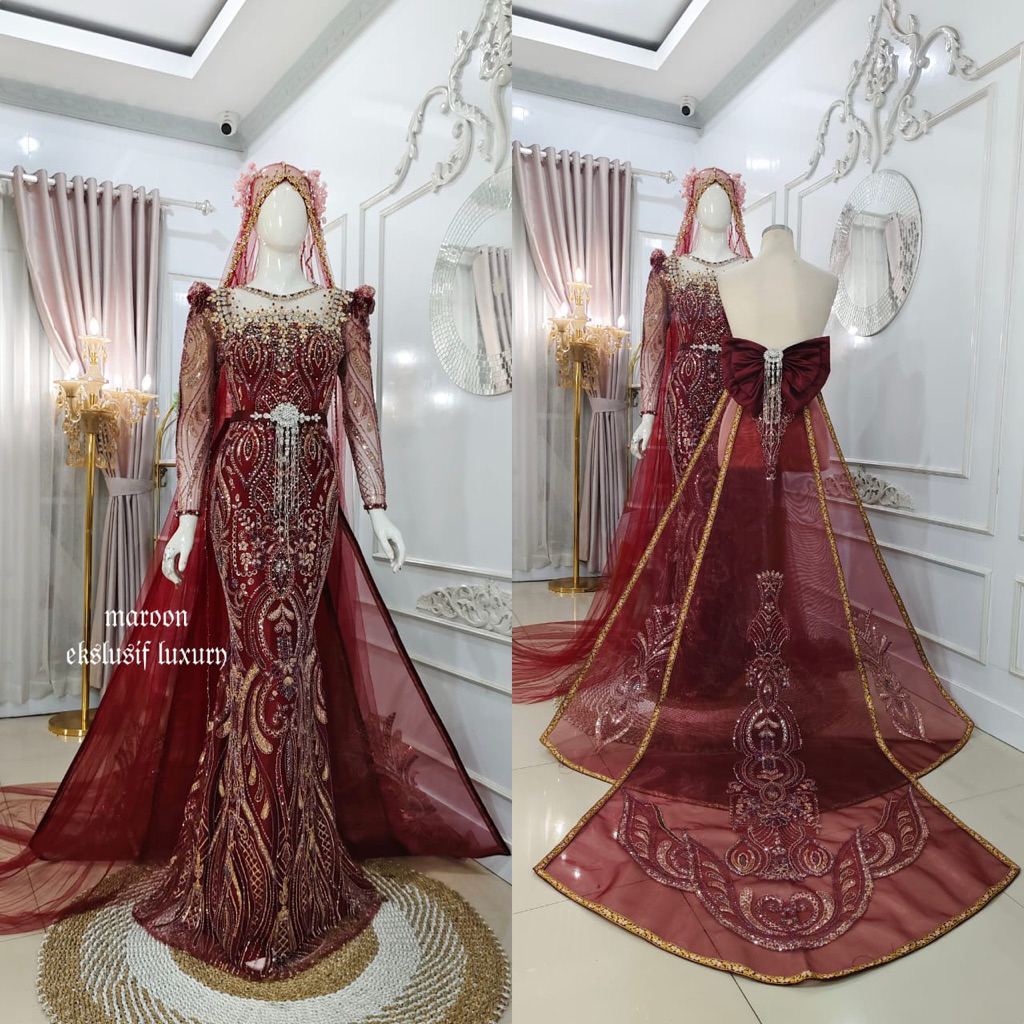 SALEE GAUN DRESS PENGANTIN BEREKOR / BAJU PENGANTIN SLIM MUSLIMAH / GAUN PENGANTIN SLIM MURAH EKOR