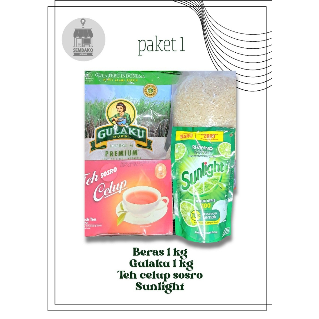 

PAKET 1 Sembako Berkah (Beras 1 kg, Gulaku 1 kg, Teh sosro, sunlight)