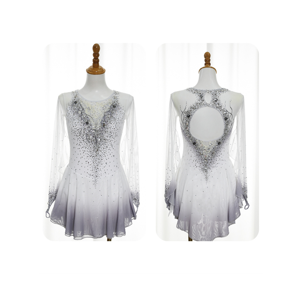 Ice Dance Elf Figure skating performance costumes children's adult women's White Gradient Dress BD37