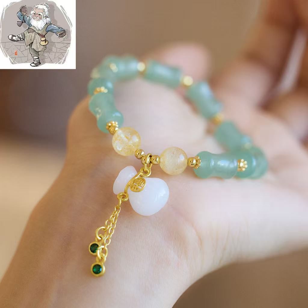 Gelang giok sutra emas alami, tas uang bambu hijau Tianshan gelang cincin tunggal