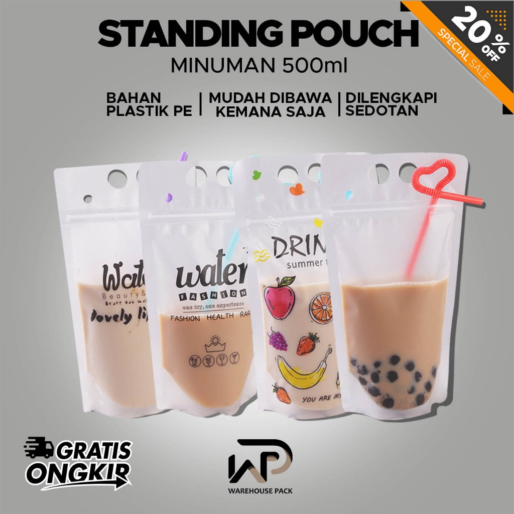Standing Pouch Minuman 500 ML | Stand Up Drink Bag  | Kemasan Minuman + Sedotan | Standing Pouch Dri