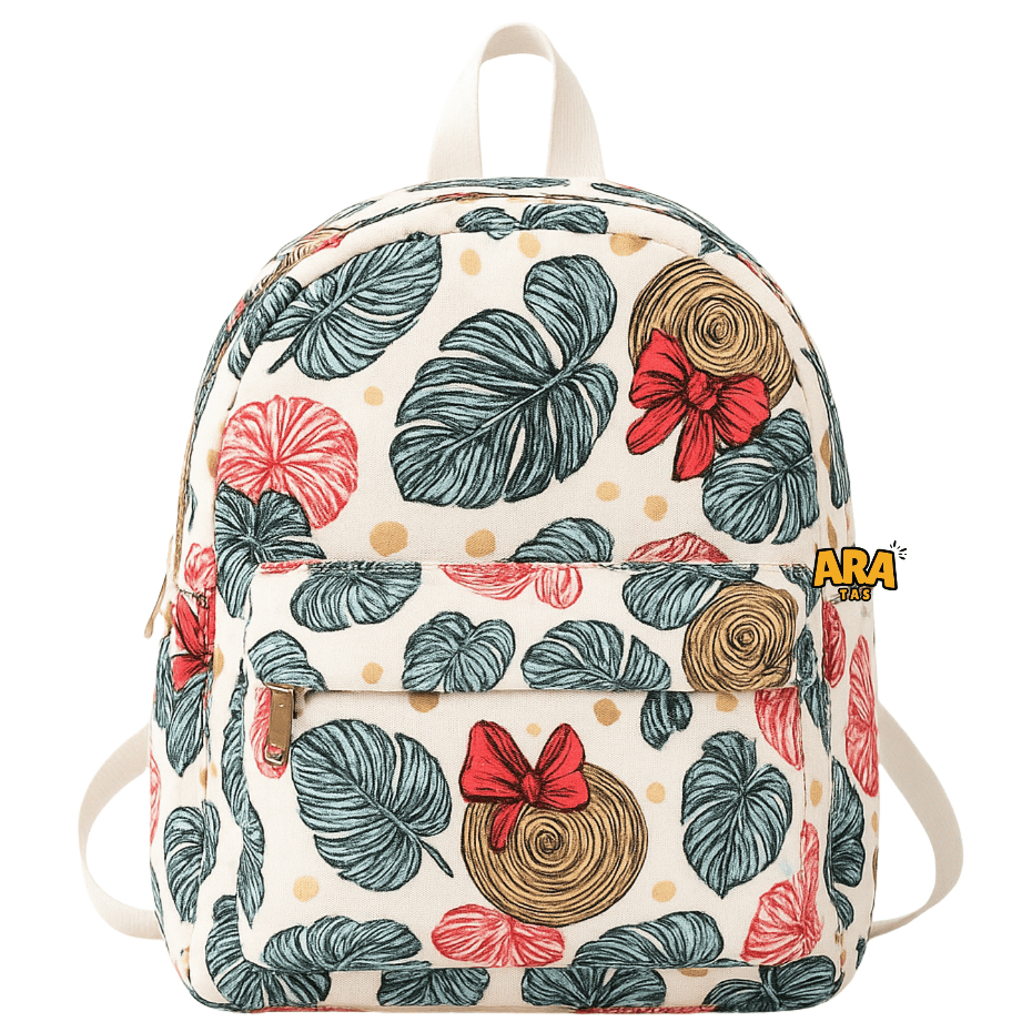 Ara Tas Ransel Mini Wanita Motif Bunga Daily Backpack Bahan Kanvas Tas Punggung Cewek Multifungsi