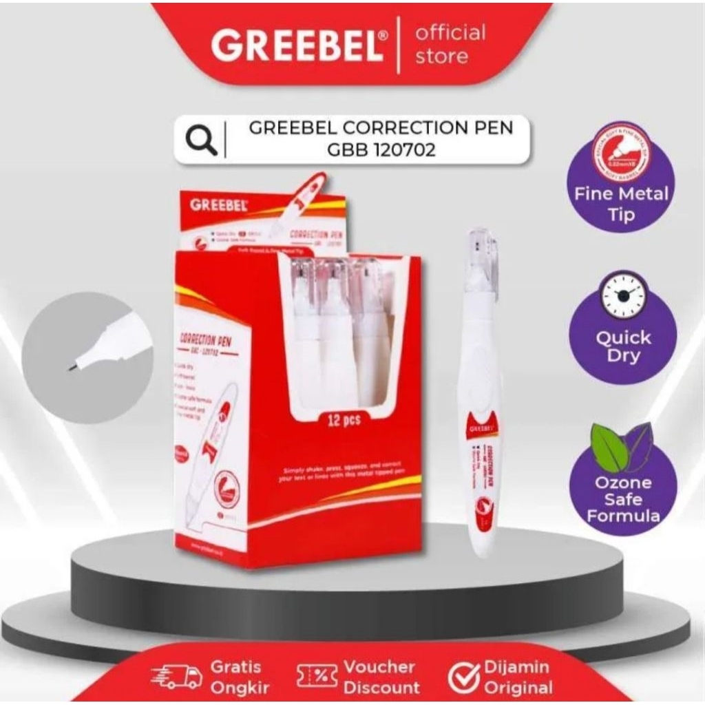 

GREEBEL CORRECTION PEN GBC 120703 / Tipex Cair / Tip X / Tipe Ex cepat kering tidak bau teruji non toxic untuk perlengkapan atk office & anak sekolah