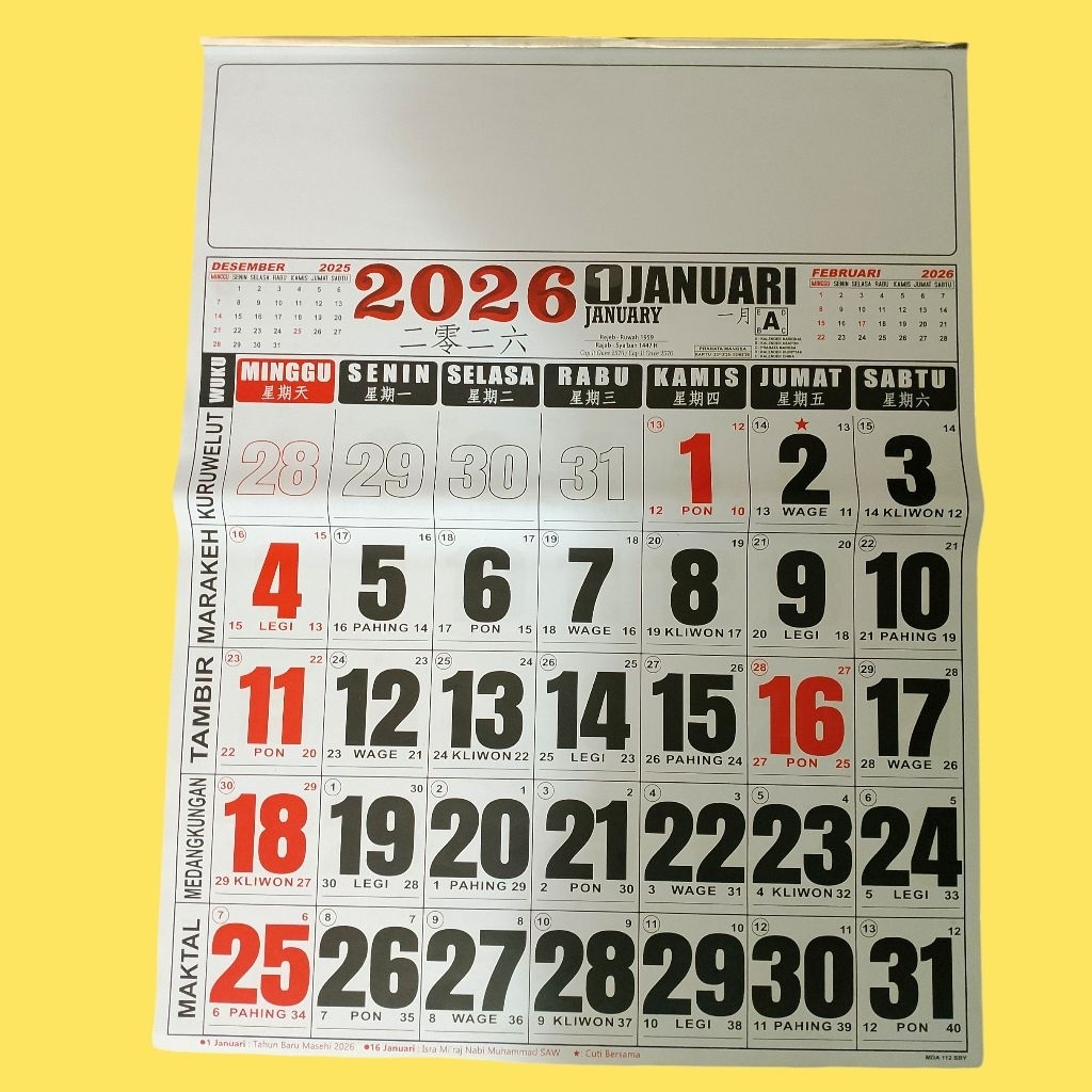 

kalender 2026 ukuran jumbo 50 x 64 cm