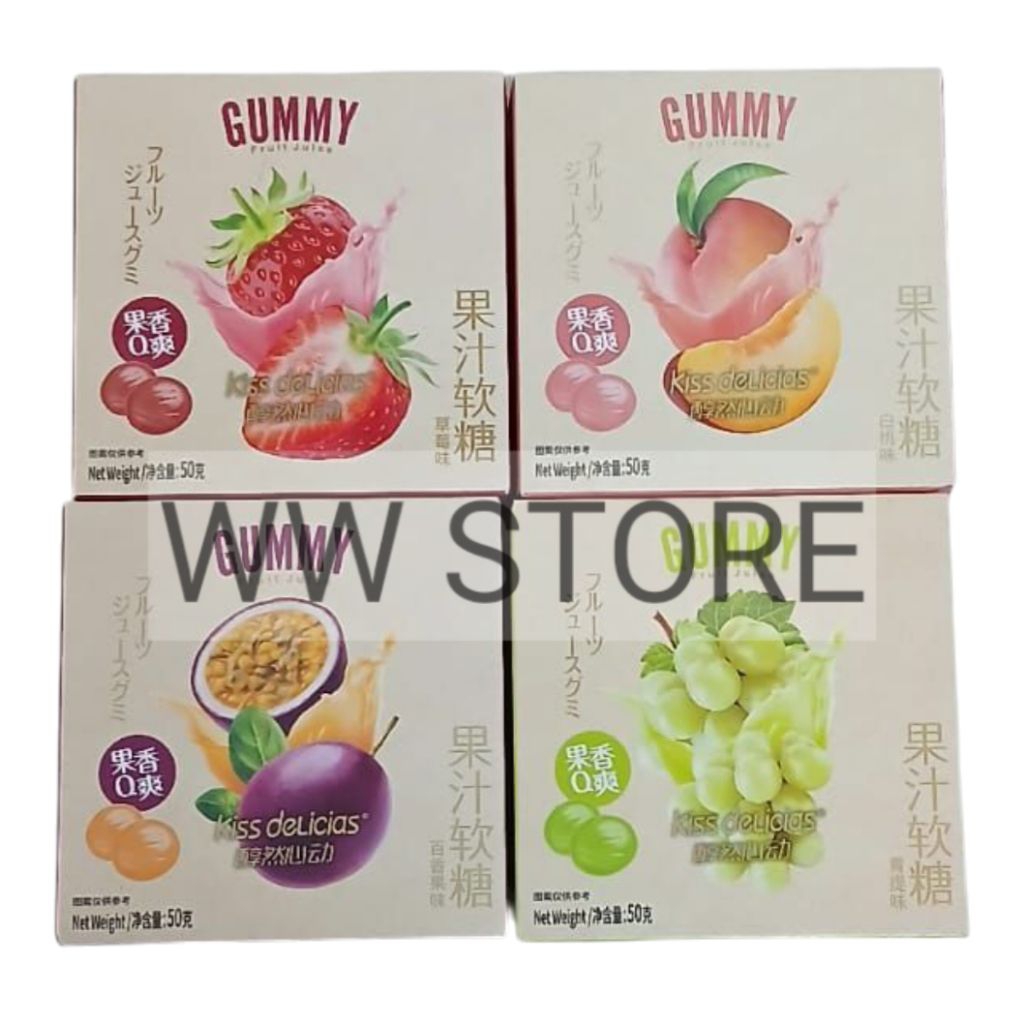 

Permen lunak jeli rasa buah anggur stroberi persik markisa halal MUI kiss delicias GUMMY Fruit Juice Passion Fruit PassionFruit Peach Strawberry Grape flavour flavor 50g