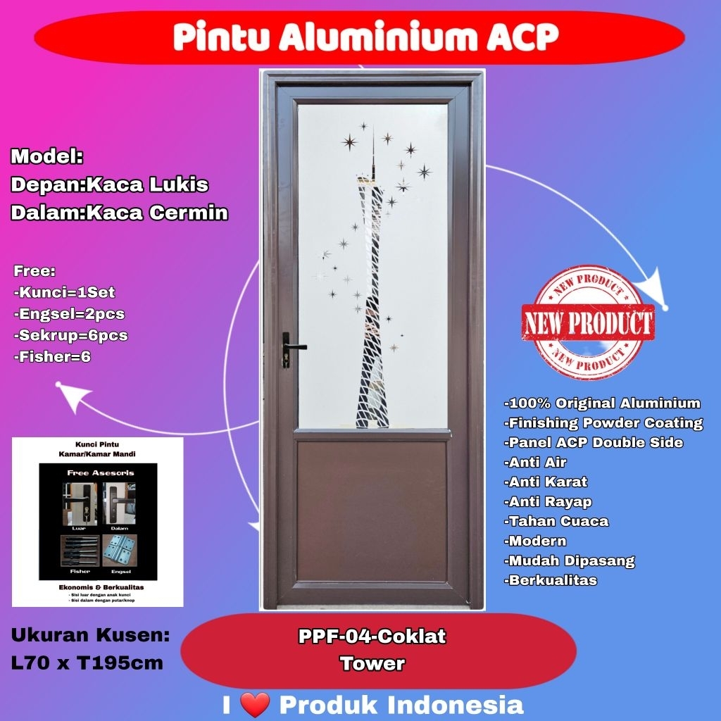 Pintu Kamar Mandi Aluminium-Happy Door-PPF 04-3/4 Kaca Lukis-Tower-Kaca Cermin Dalam-Coklat