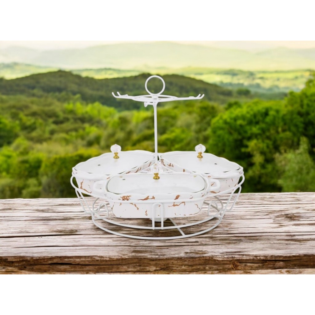 VICENZA Prasmanan Wadah Saji Keramik Tutup Kaca dengan Rak Putar isi 3 BM917 CR917