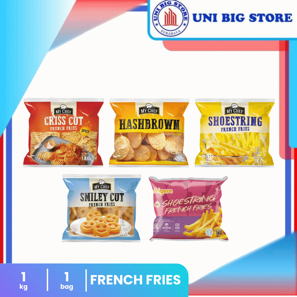 

My Chef AIGERE French Fries Hashbrown | Smiley Cut | Spicy Criss Cut 1 kg Kentang Goreng Frozen