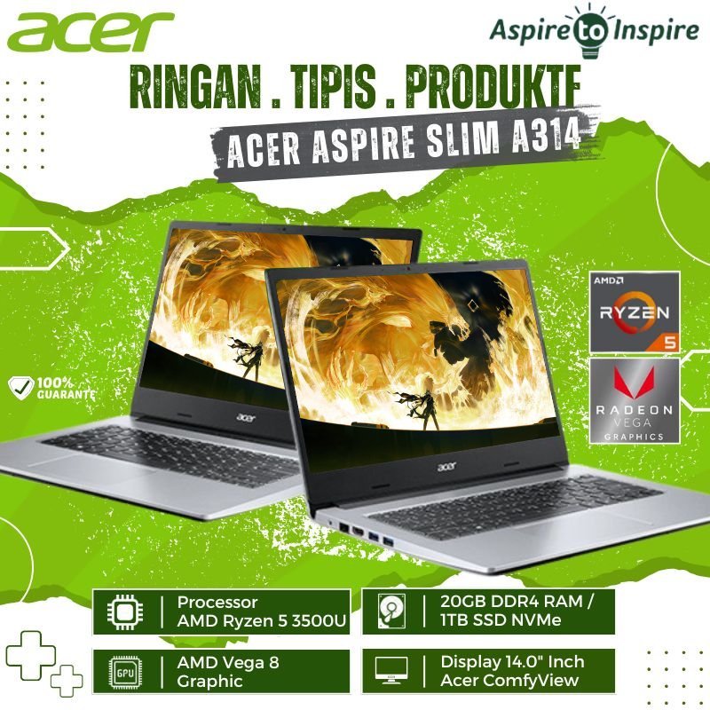 Acer Aspire 3 A314-22-R0HR | Ryzen 5 3500U | RAM 20GB | 1TB SSD NVMe | Vega 8 | Laptop Slim 14” HD |