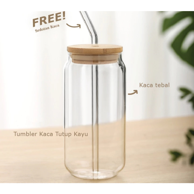 Gelas Kaca Gelas Mug / Gelas Jar Gelas Kaca Estetik Cafe 550ML / Tumbler Kaca Tutup Kayu Estetik Den