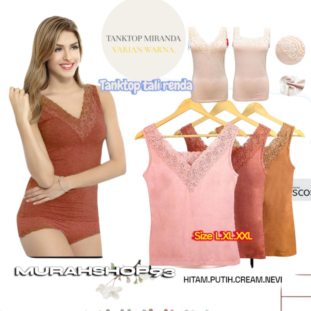MIRANDA Tangtop Wanita dewasa leher renda/kaos dalam wanita dewasa renda v neck / Camisol tali renda