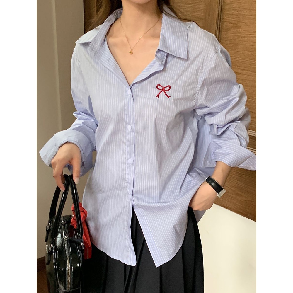 Qlioo Kemeja Bergaris Wanita Lengan Panjang Kemeja Bergaris Biru Korea Kekinian Lengan Panjang Kemej
