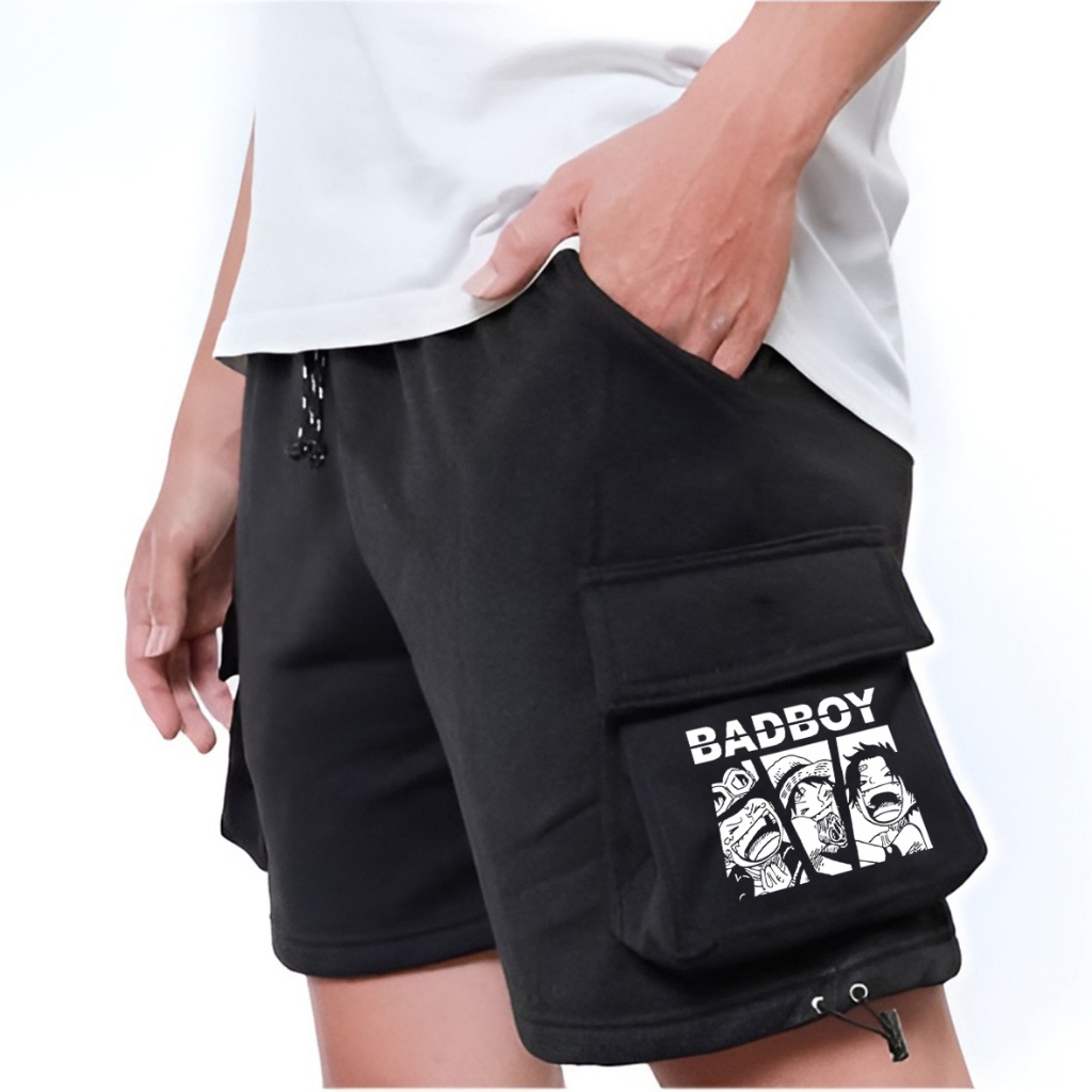Oneshirt celana Pendek cargo Hitam Bad Boy bahan fleece unisex